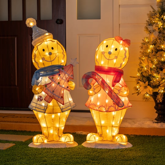 Glitzhome® 41.25" Christmas 3D Fabric Gingerbread Men with 120 Warm White LED Lights Set